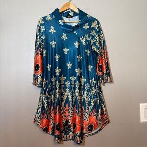 R&B Collection Teal Floral Tunic Dress Pockets 3/4 Sleeve Asymmetrical Button L